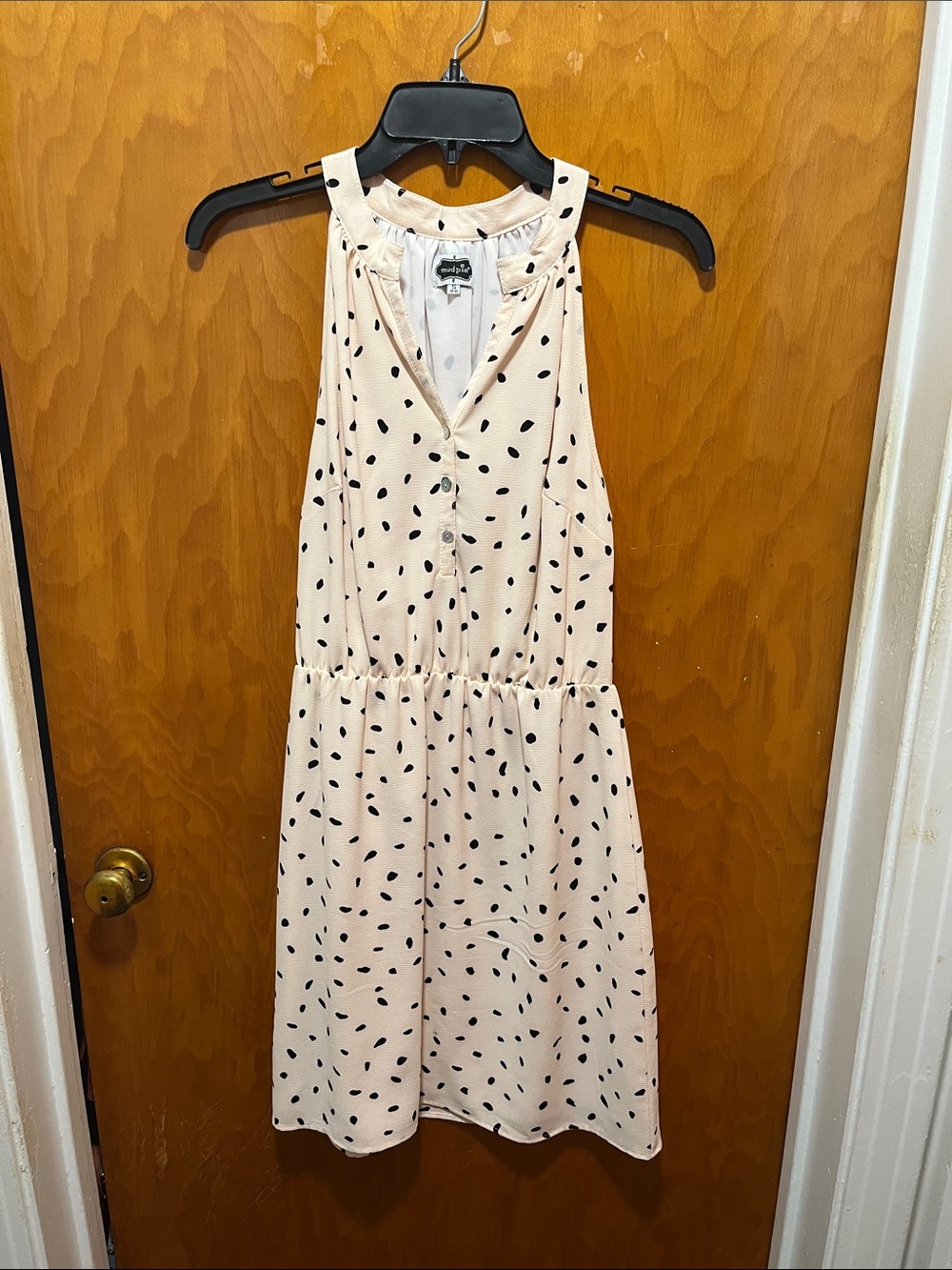 Mud Pie Light Pink Halter Midi Dress with Black Spot Print